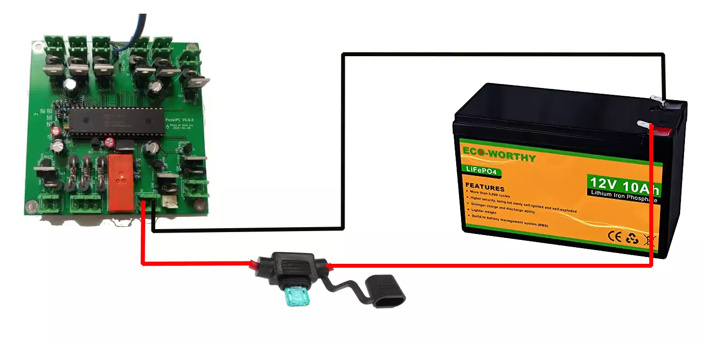 pictorial schematic of circuit board, fuse holder containing a fuse, and the battery