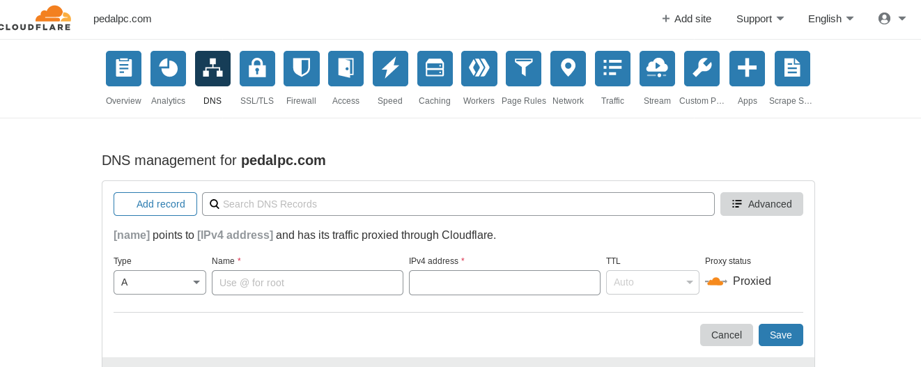 screenshot of Cloudflare DNS dashboard, showing the add record fields