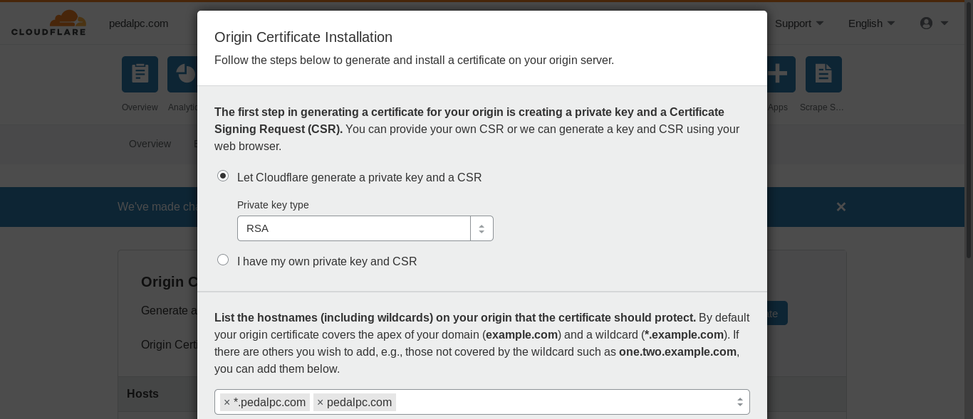 screenshot of Cloudflare SSL certificate creation settings