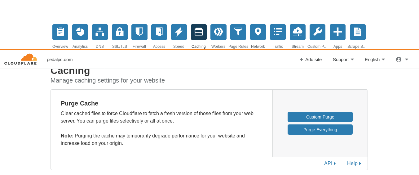 screenshot showing Cloudflare cache purge buttons