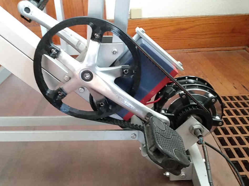 toothed pulleys and belt mounted on pedal-powered generator