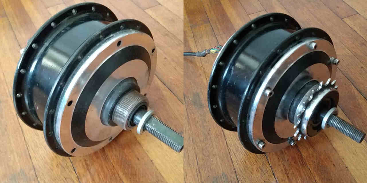 threaded hub of motor alone, and with cogwheel