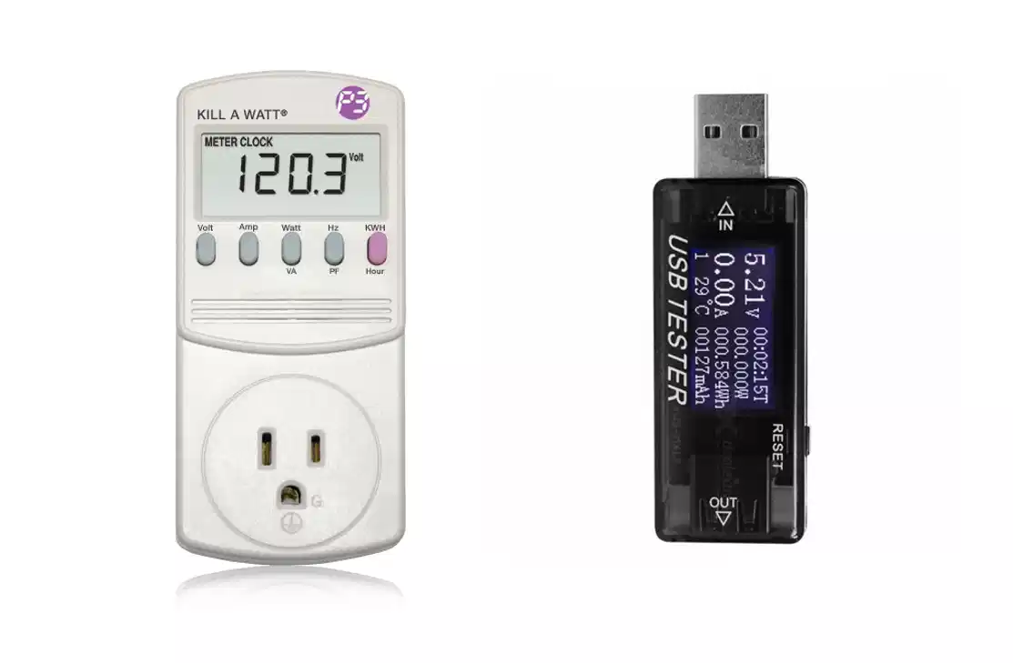plug-in AC power meter on left, USB power meter on right