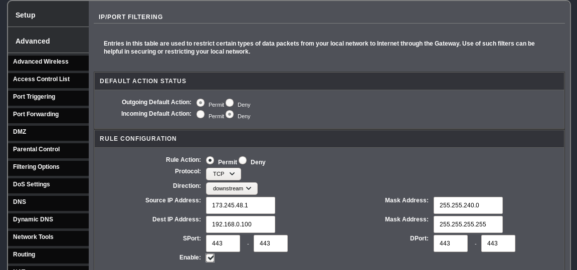 partial screenshot of router IP address filter page