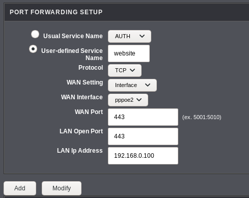 screenshot of router port forwarding interface