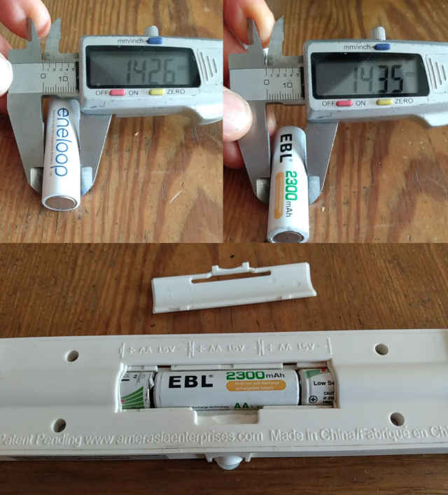 calipers measuring standard and high-capacity batteries, and a narrow battery compartment