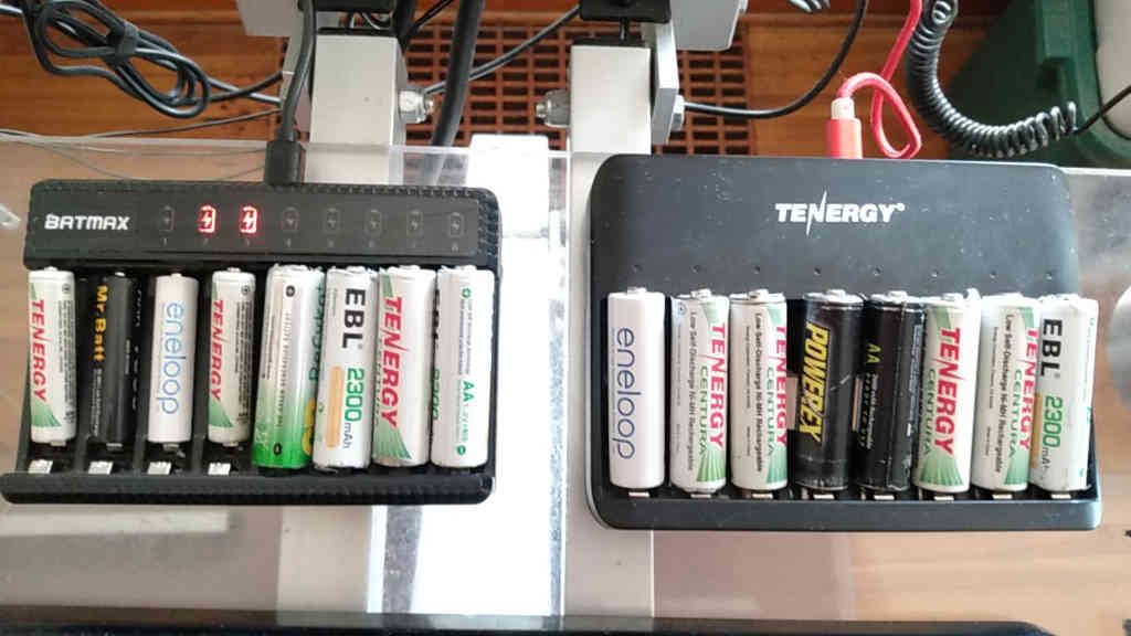 two 8-bay USB-powered battery chargers